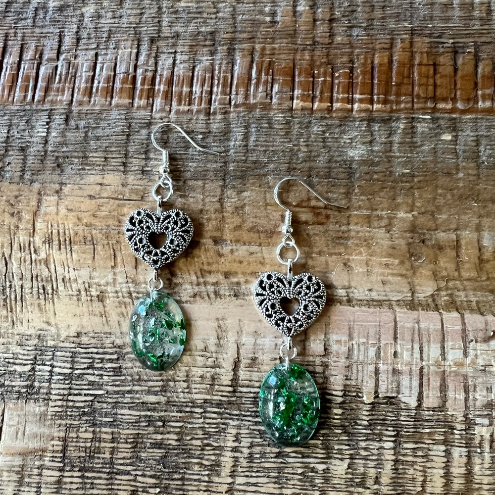 Sparkle Green Resin Drop Earrings with Filigree Heart Charms